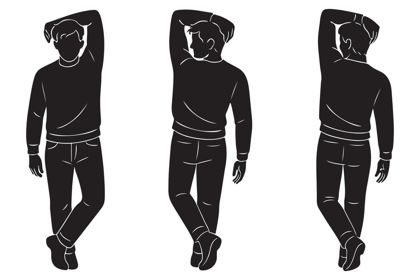 Silhouette of a man reaching one arm over his shoulder to touch his back, in a stretching pose vector
