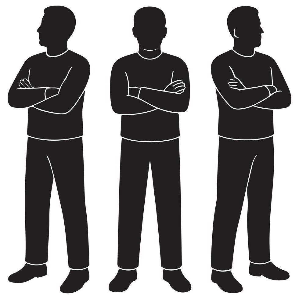 Silhouette of a man standing tall with both arms folded tightly across his chest in defiance vector