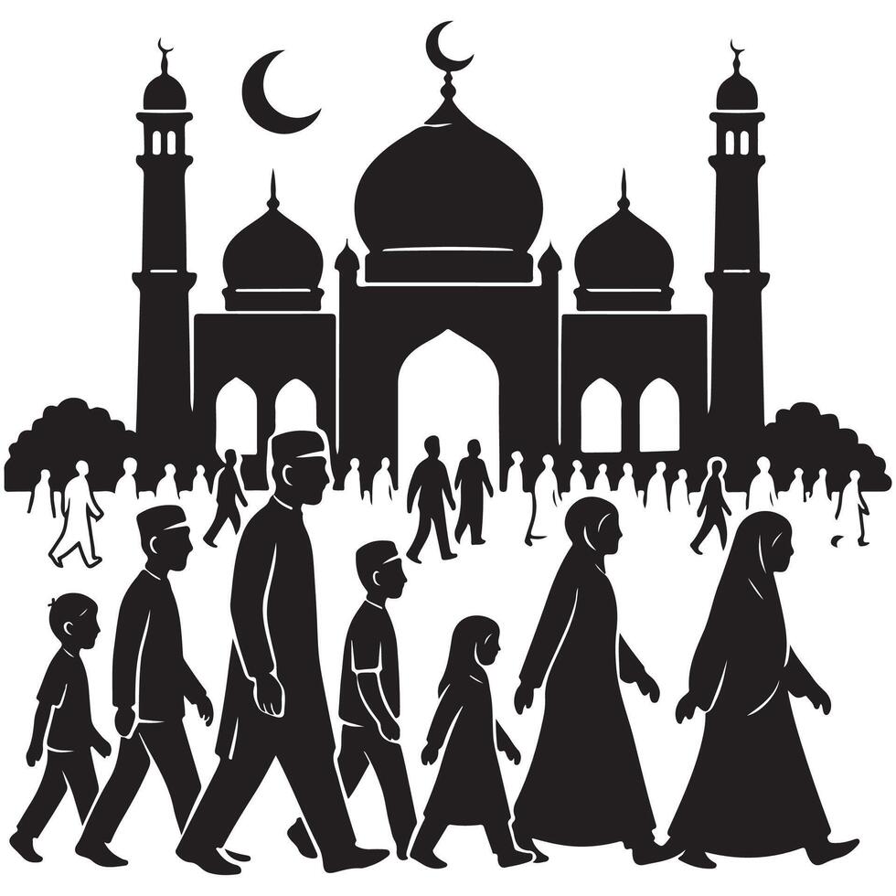 Muslims walking towards the mosque silhouette vector