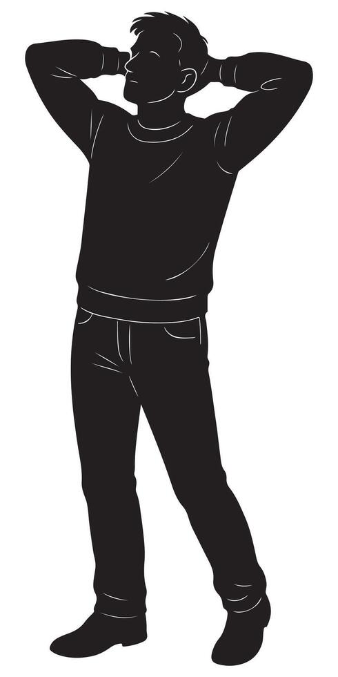 Silhouette of man standing with hands behind head in casual attire looking up illustration vector