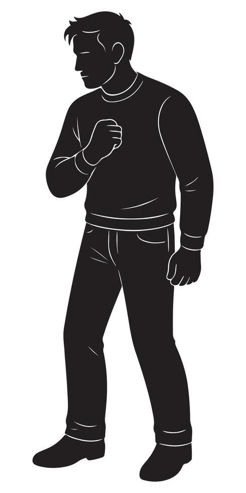 Silhouette illustration of man in sweater and jeans standing with fist raised looking down vector