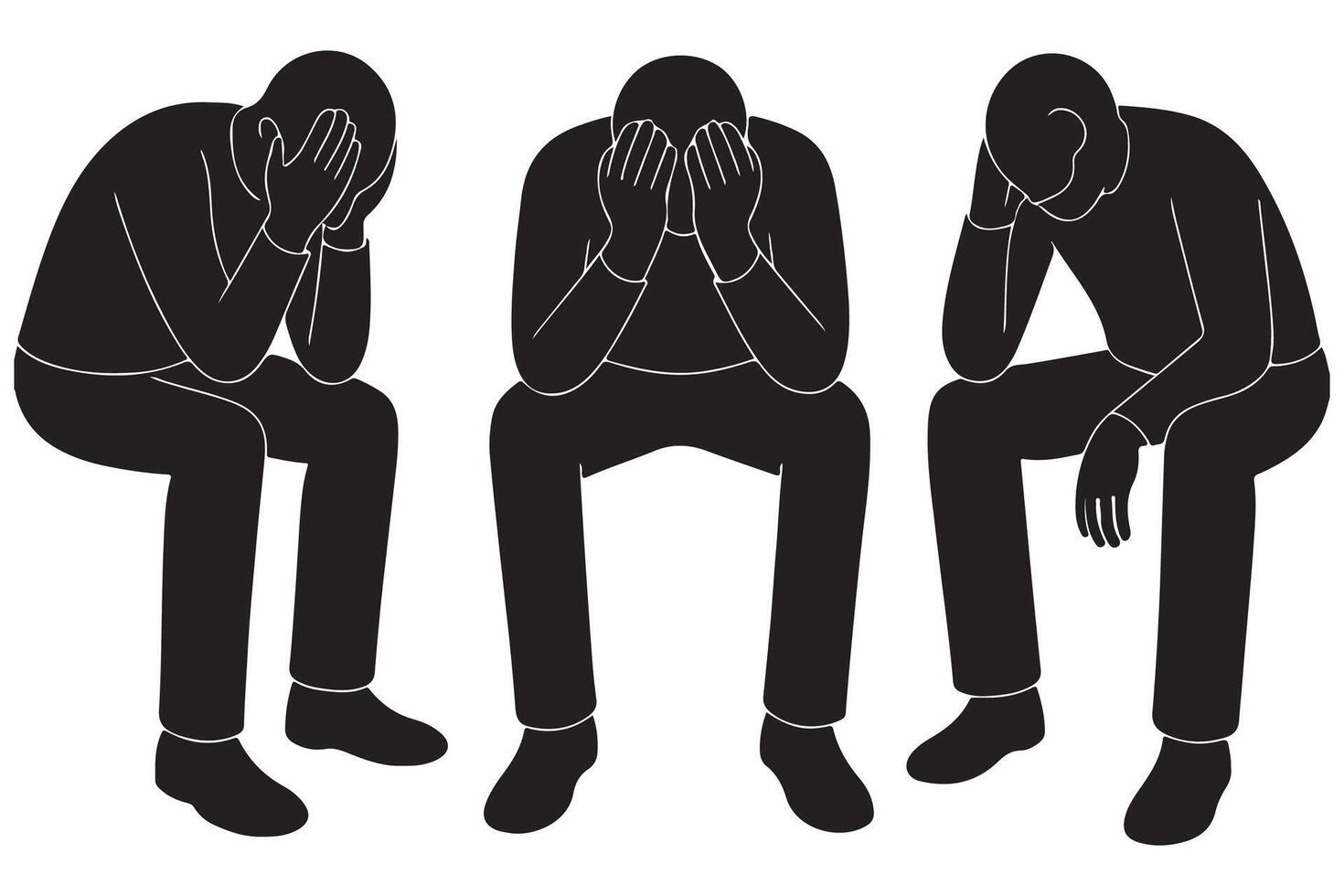 Depression anxiety mental health illustration of sad people in despair and emotional distress concept silhouette vector