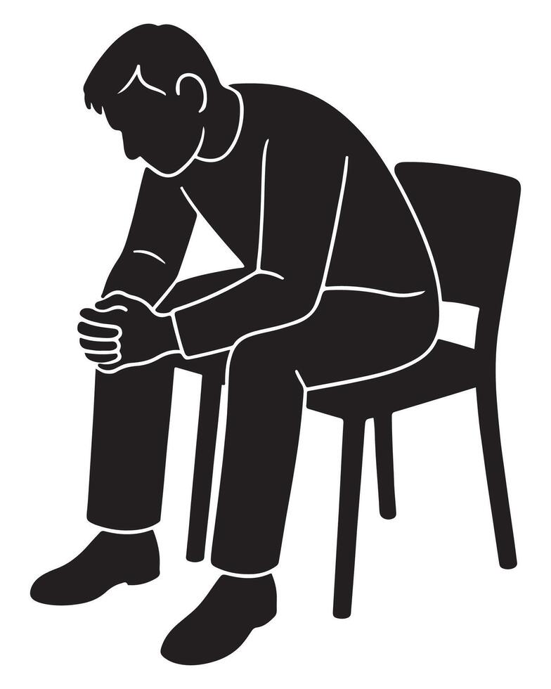 Illustration of a sad man sitting on chair feeling stress and depression in black and white design silhouette vector