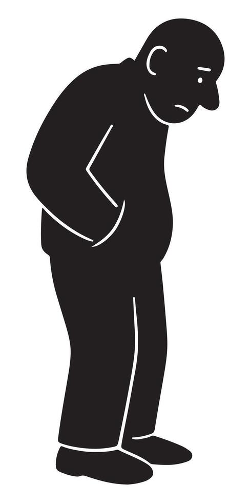 Silhouette illustration of sad man with hands in pockets looking down in black and white style vector