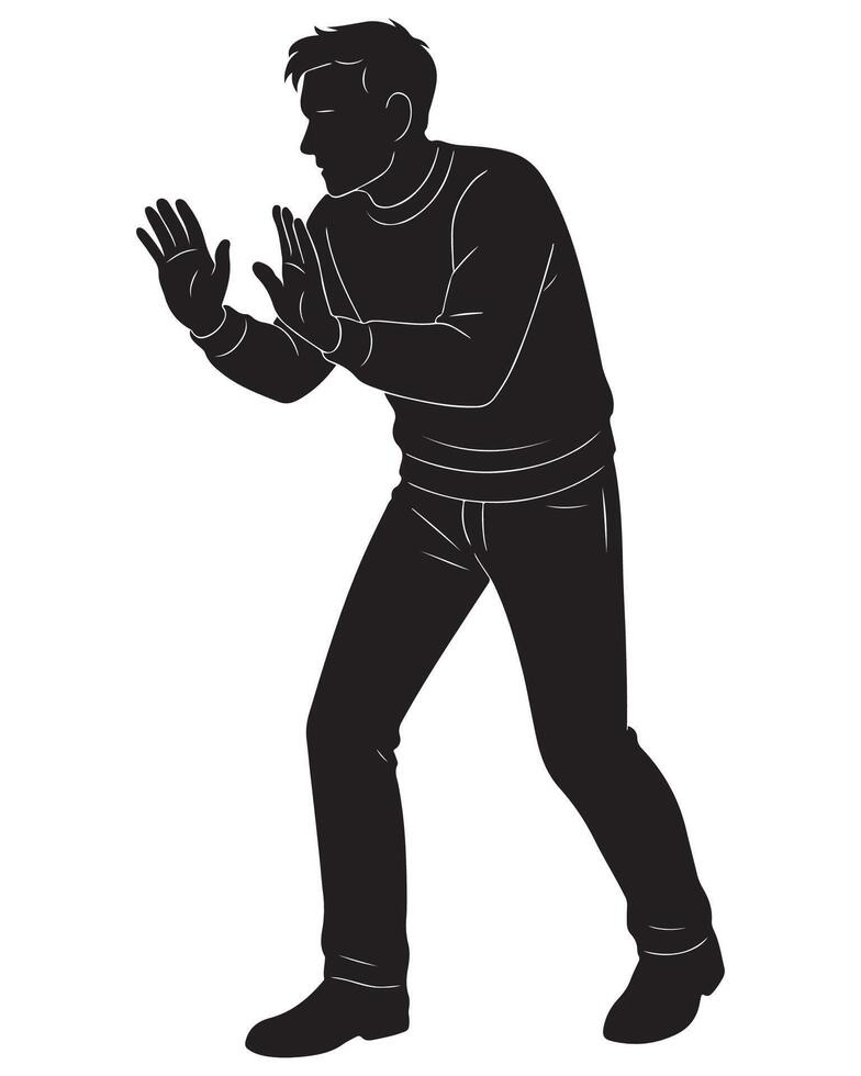 Silhouette of man in defensive stance with hands up for protection or fear illustration design element vector
