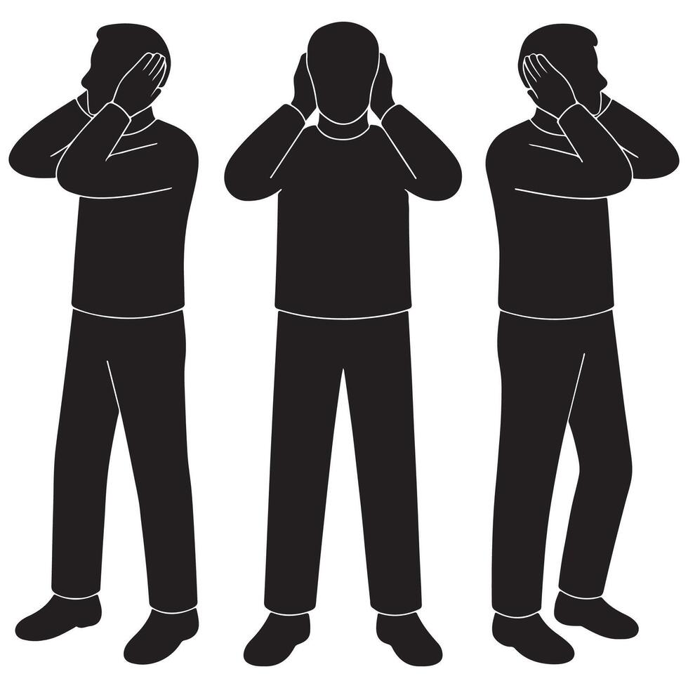 Silhouette of a man holding both hands near his ears as if blocking out noise vector