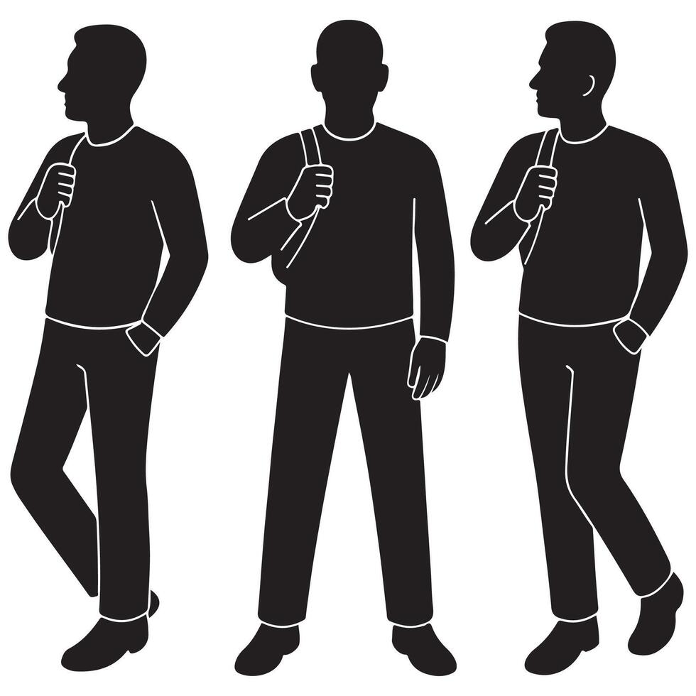 Silhouette of a man holding one strap over his shoulder while carrying a bag vector