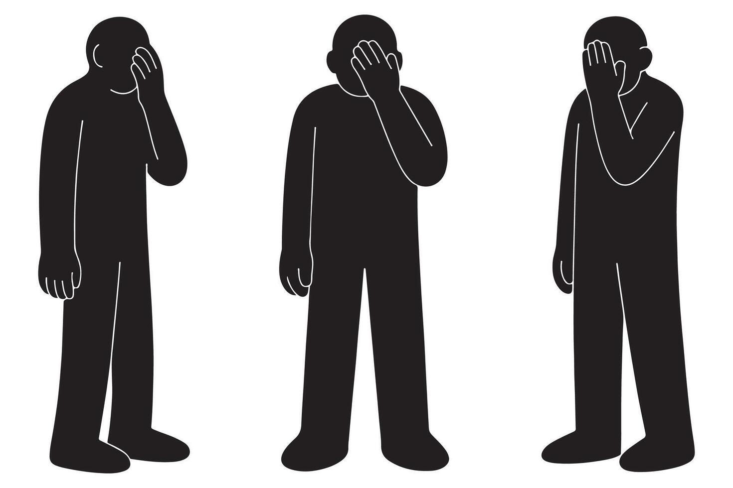 Black silhouette men covering face illustration for concept of shame regret or disappointment art vector