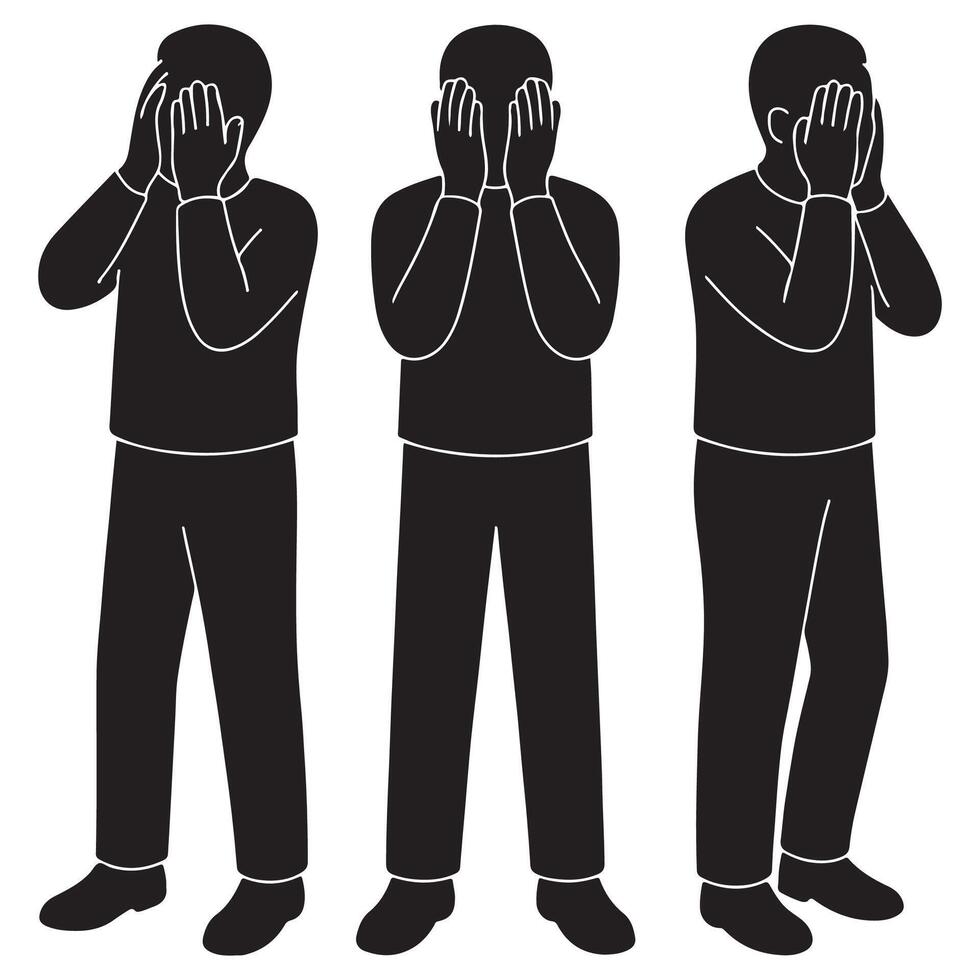 Silhouette of a man holding his face with both hands in disbelief, shame or horror vector