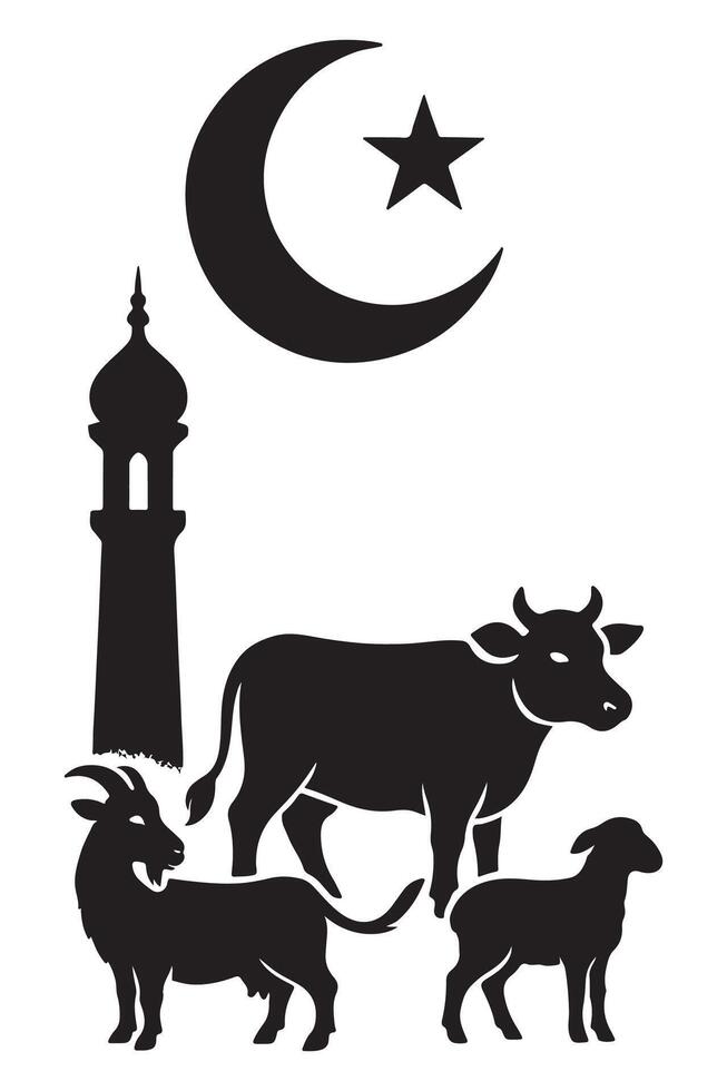 Eid al adha mubarak islamic festival of sacrifice with animals and mosque silhouette design concept, Eid al-Adha Celebration with Silhouettes of Animals and Religious Symbols vector