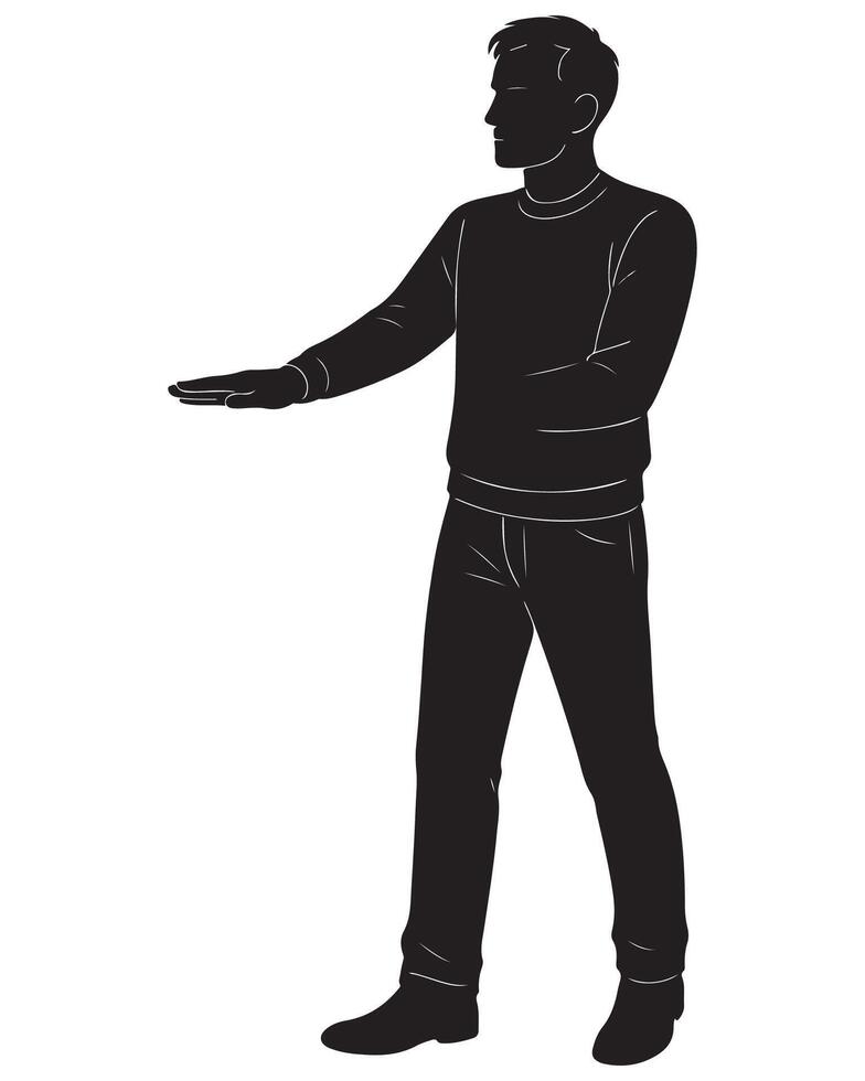 Silhouette of man standing with outstretched hand presentation pose design for creative projects use vector
