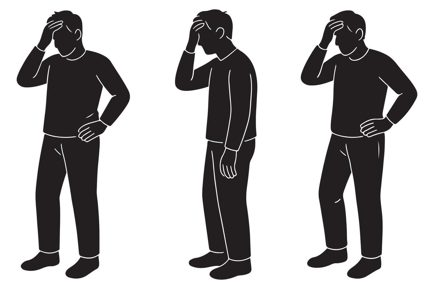 Silhouette of a man pressing one palm against his forehead, lost in thought, feeling headache vector