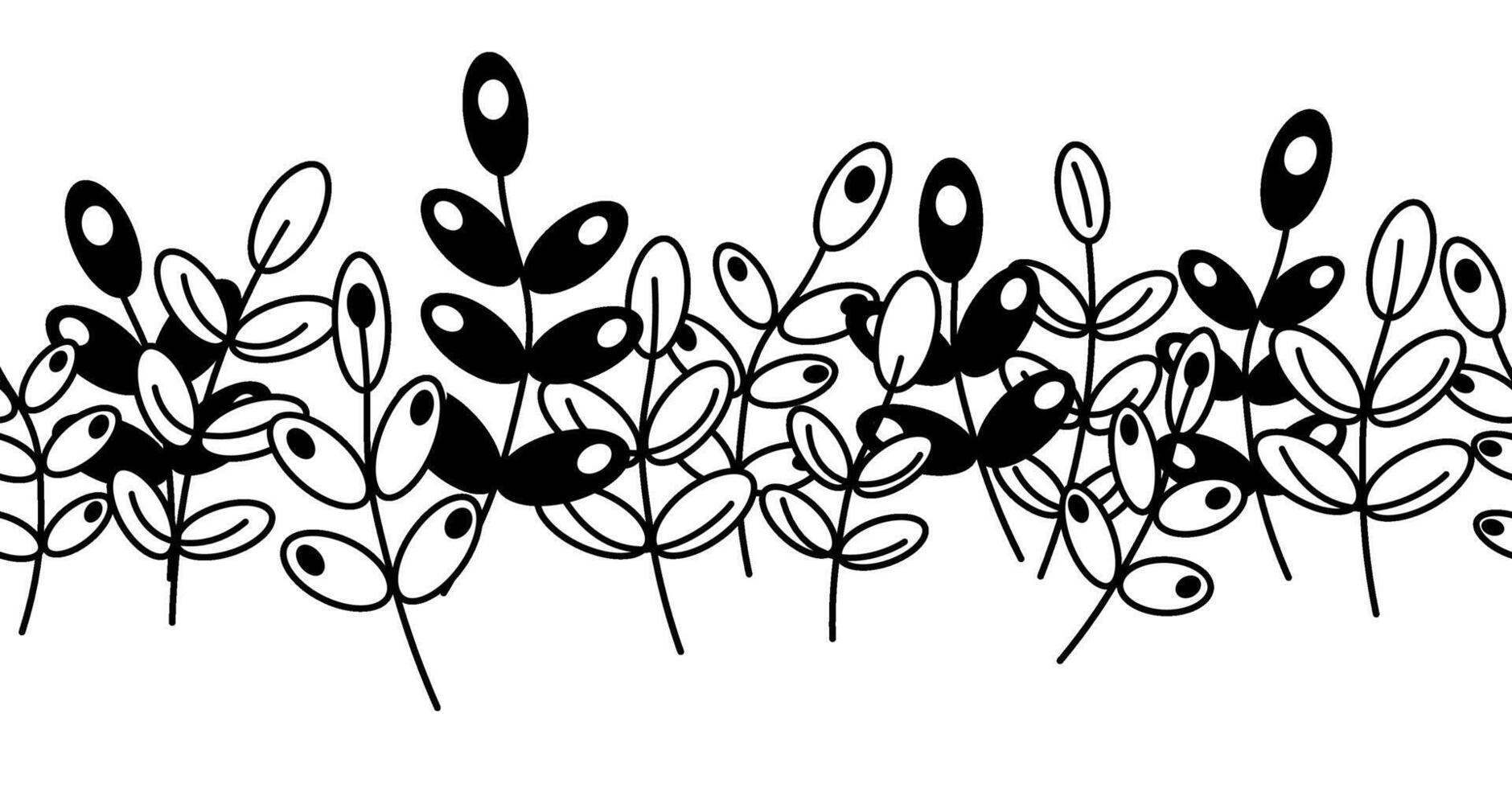 Leaves nature Seamless horizontal border. graphic line illustration. Hand drawn eucalyptus foliage, herbs, tree branches. Set of black silhouettes leaves and branches. vector