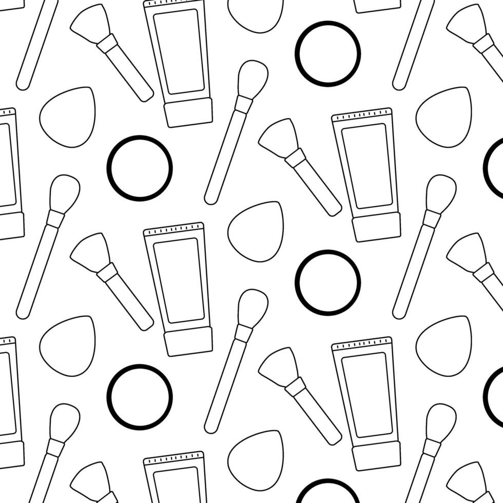 Cosmetics and make up line seamless pattern. brushes and bb cream, sponge graphic line illustration. Black and white cosmetic makeup art. For logo, web, package, sticker. vector