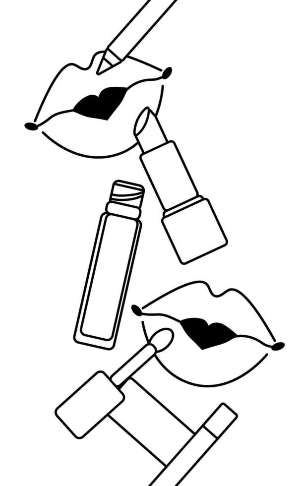 Lips Make-up Seamless Vertical border. graphic line illustration. Black and white cute cosmetic makeup art. Beauty parlor illustration, packaging, cosmetics shop vector