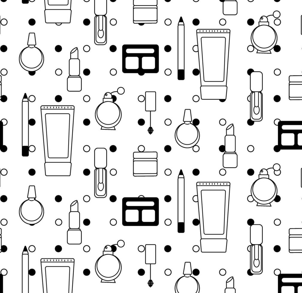 Beauty make up with polka dots Seamless pattern. graphic line illustration. Black and white cosmetic makeup art. For poster, invitation, backdrop, ad, sale promotion, print for t-shirt vector