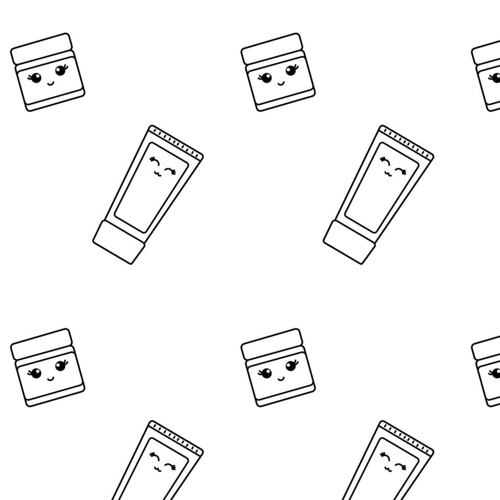 Kawaii cream bottle and jar Seamless pattern. graphic line illustration. Black and white cosmetic makeup art. background for banners, print for fabric, labels, t-shirt printing. vector