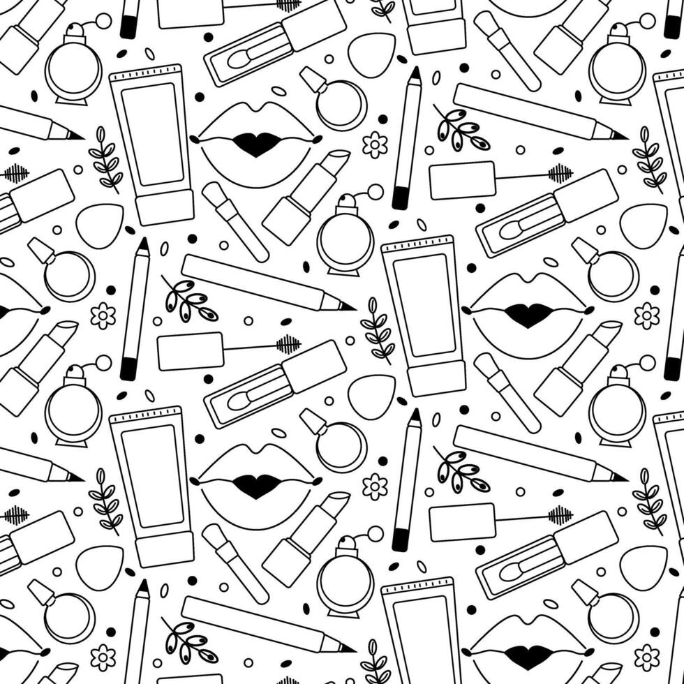 Beauty make up Seamless pattern. graphic line illustration. Black and white cosmetic makeup art. Brush, nail polish, foundation, perfume, eye shadow, mascara, mirror, cream, lipstick. vector