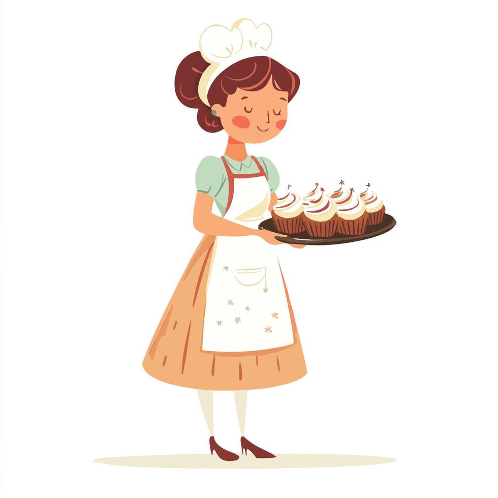 A cartoon woman holding a tray of cupcakes vector