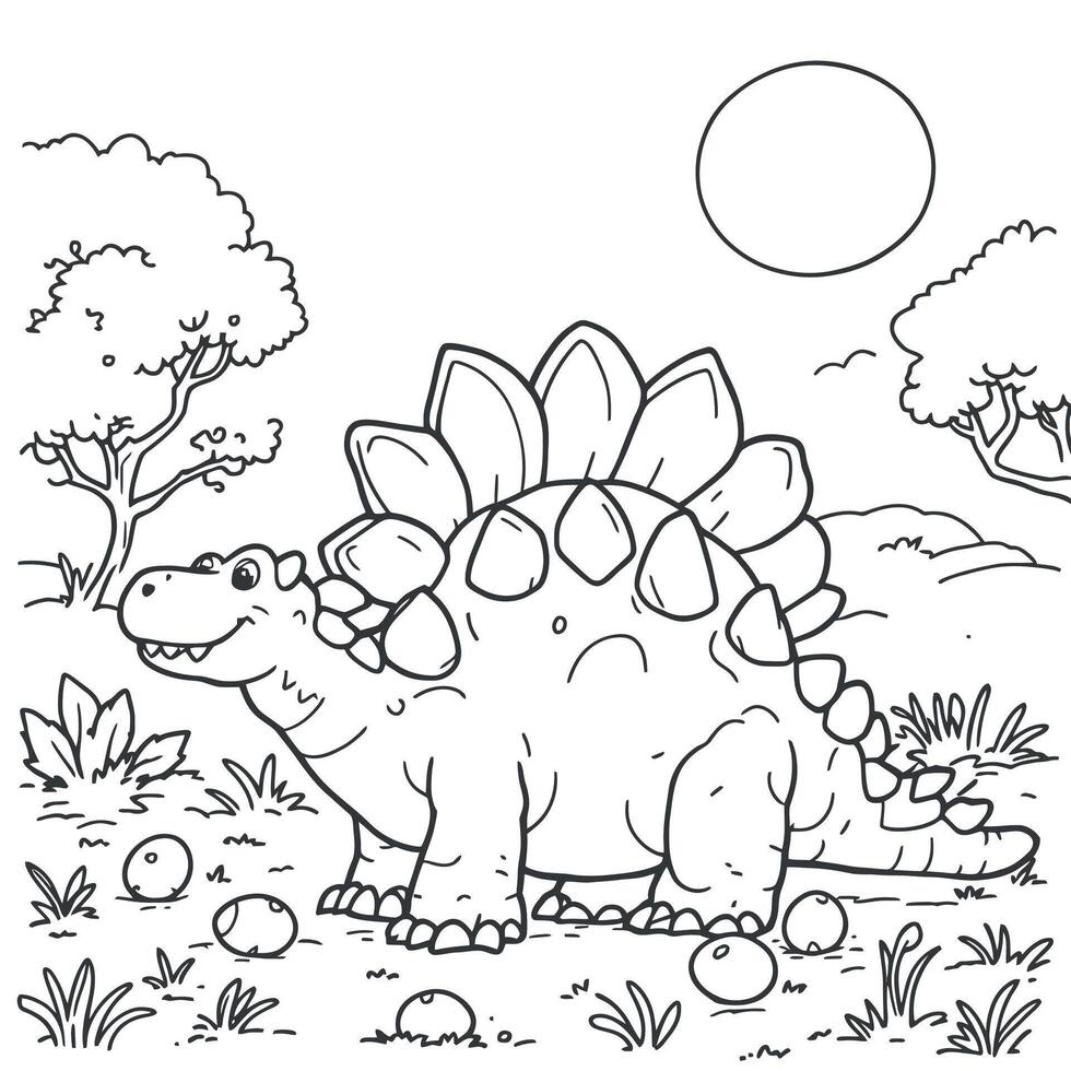 Dinosaur Stegosaurus In Sunny Day Illustration Coloring Page For Kids Preschool Kindergarten vector