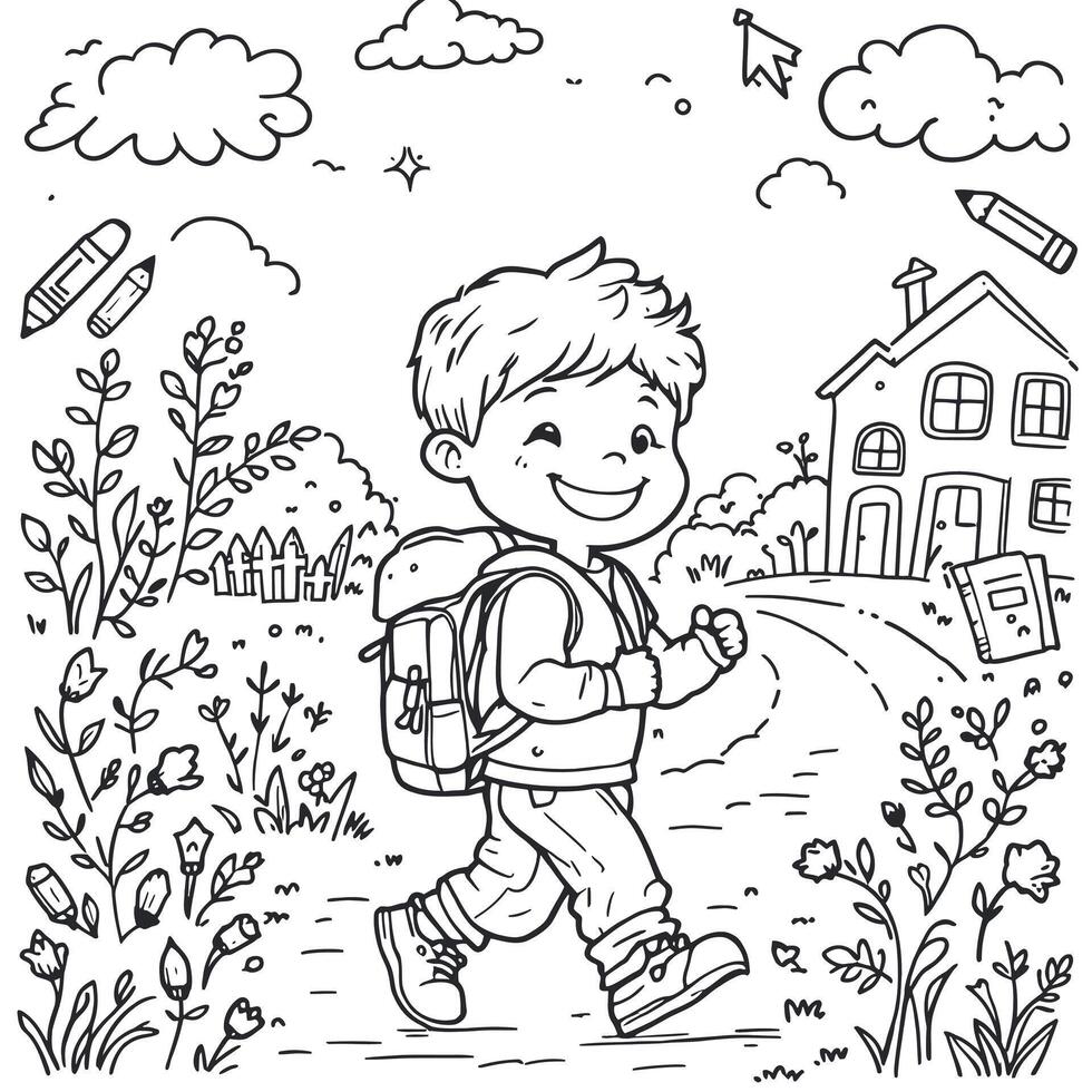 A Happy Schoolboy with Backpack Ready to Learn Coloring Page For Kids vector