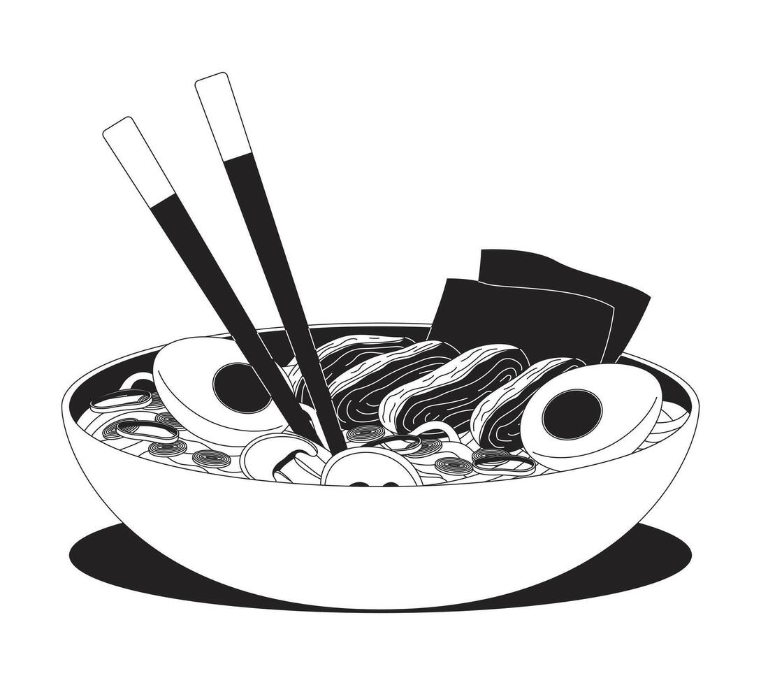 Ramen bowl with chopsticks 2D line object. Asian soup noodles, boiled eggs, pork slices, vegetables, seaweed garnish dish isolated clipart ink outline item. Monochrome spot illustration vector