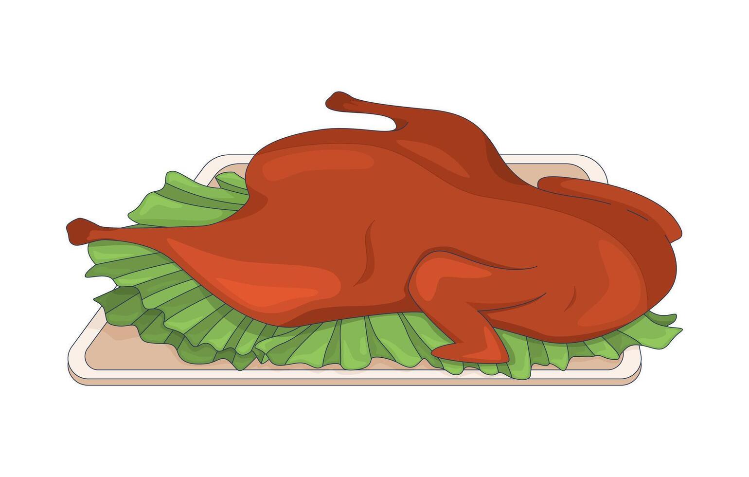 Roasted whole chicken on lettuce garnish atop serving tray 2D cartoon object. Thanksgiving food. Dinner centerpiece. Cooked poultry isolated element flat clip art on white. Spot illustration vector