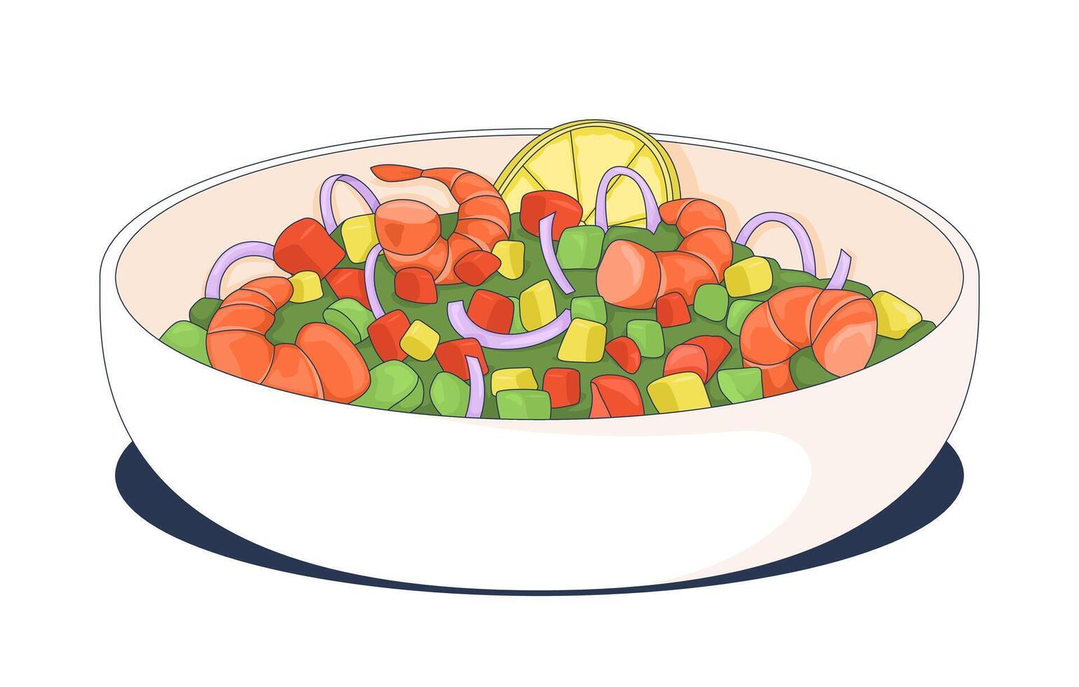 Shrimp vegetable salad in serving bowl 2D cartoon object. Seafood veggies lemon slice. Healthy lunch. Protein meal. Sebiche seviche isolated element flat clip art on white. Spot illustration vector
