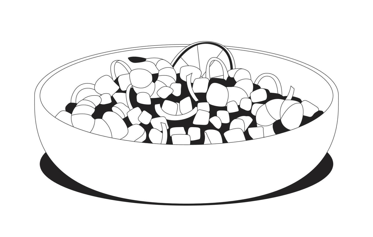 Shrimp vegetable salad in serving bowl 2D line object. Seafood veggies lemon slice. Healthy lunch. Protein meal. Sebiche seviche isolated clipart ink outline item. Monochrome spot illustration vector