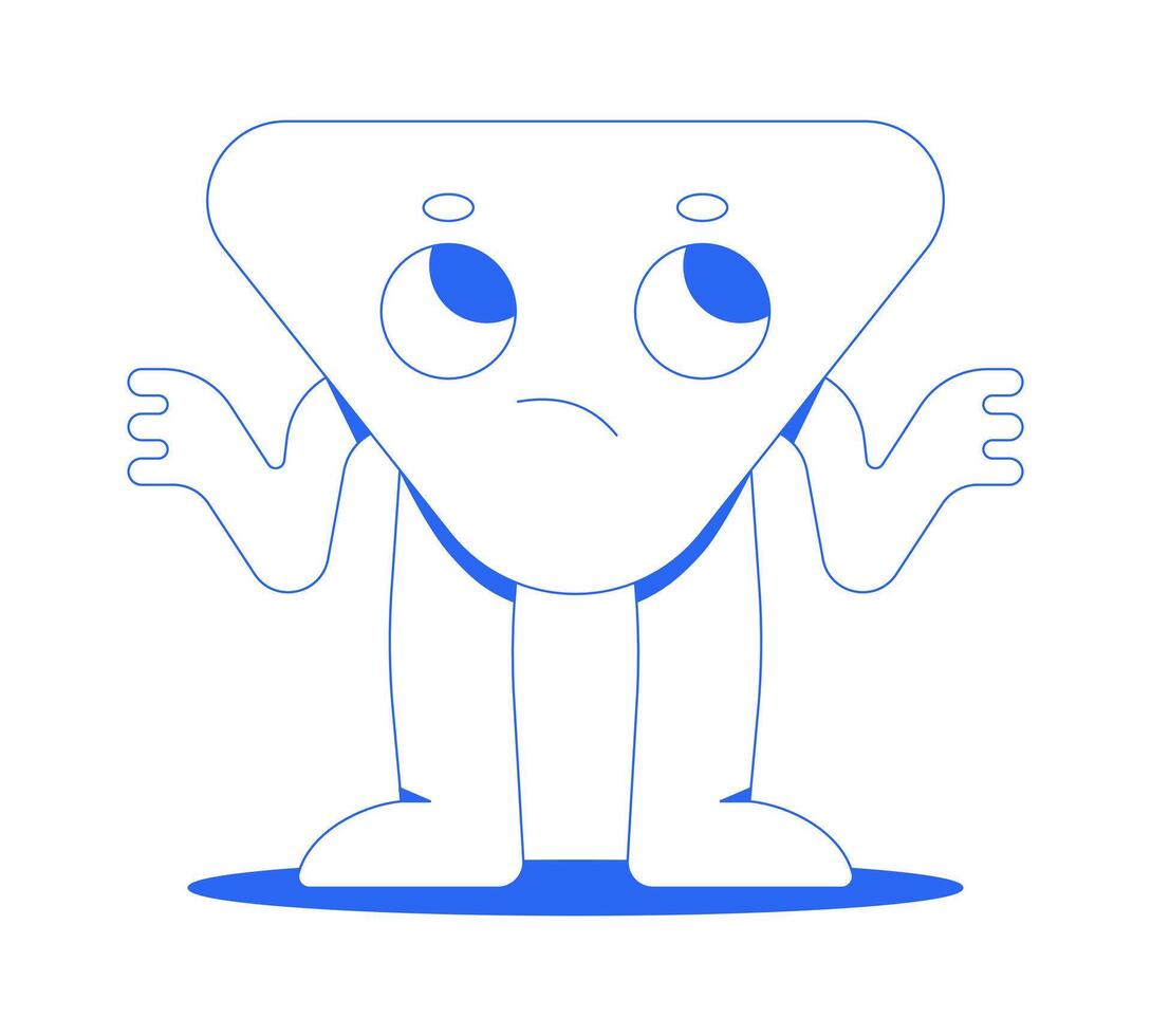 Confused groovy triangle character shrugging line onboarding ui illustration. Retro 70s triangular personage unsure. Uncertainty outline blue 2D concept isolated. Monochrome metaphor art vector