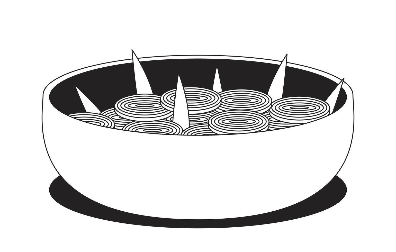 Sliced onions in bowl 2D line object. Chopped leeks. Scallions slices. Vegetable rings. Salad topping. Fresh garnish isolated clipart ink outline item. Monochrome spot illustration vector