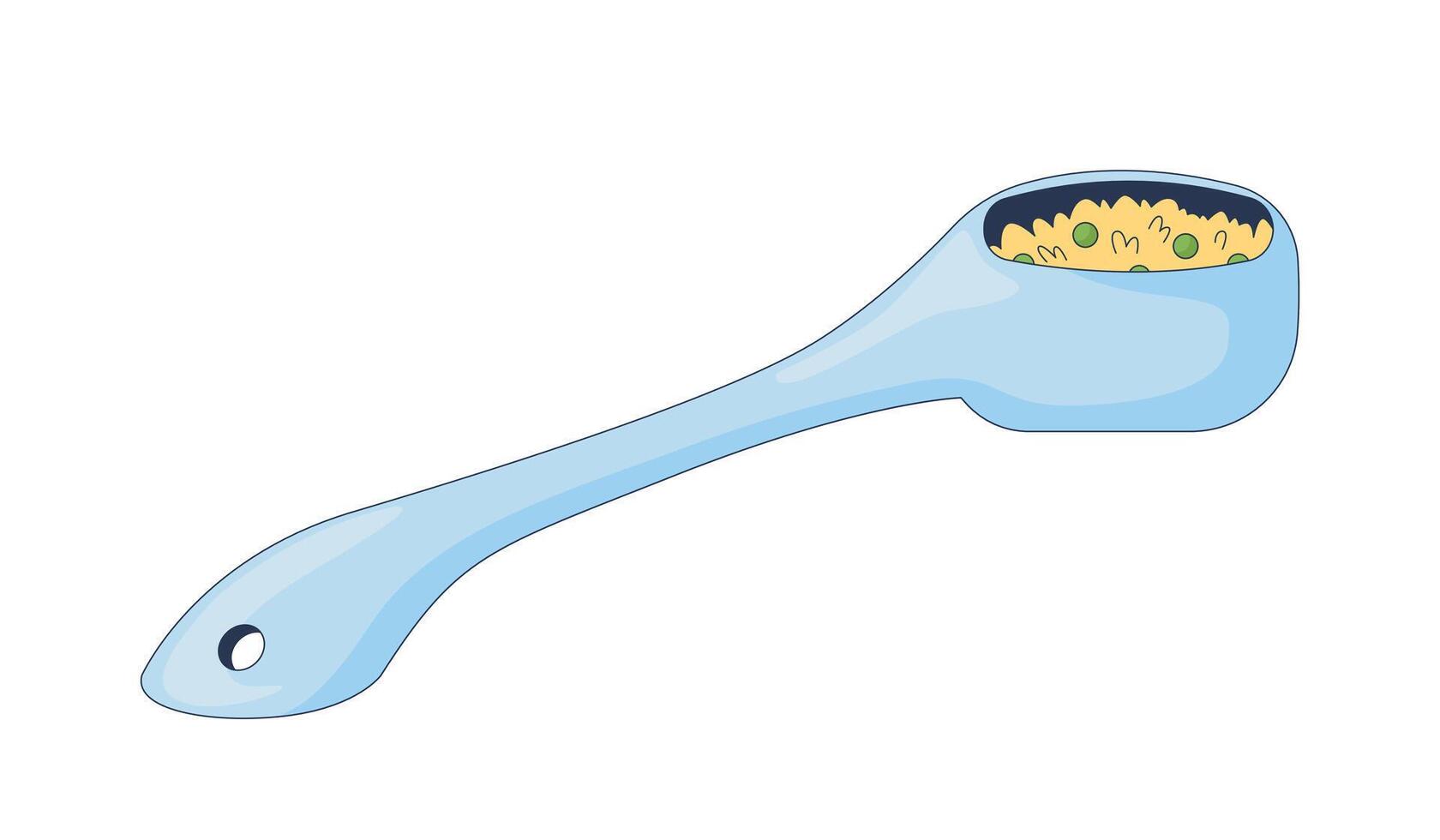 Spoon filled with cooked rice and peas 2D cartoon object. Ceramic ladle with meal portion. Dining tool. Kitchen scoop. Tablespoon isolated element flat clip art on white. Spot illustration vector