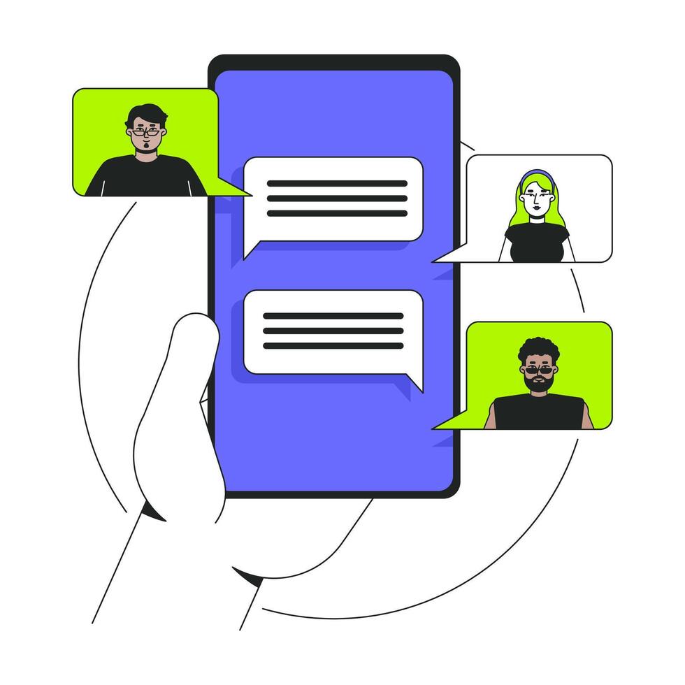 Group chat 2D onboarding ui illustration. Hand holding smartphone with messaging app. Online collaboration. Mobile phone chatting cartoon concept isolated on white. Flat abstract metaphor vector
