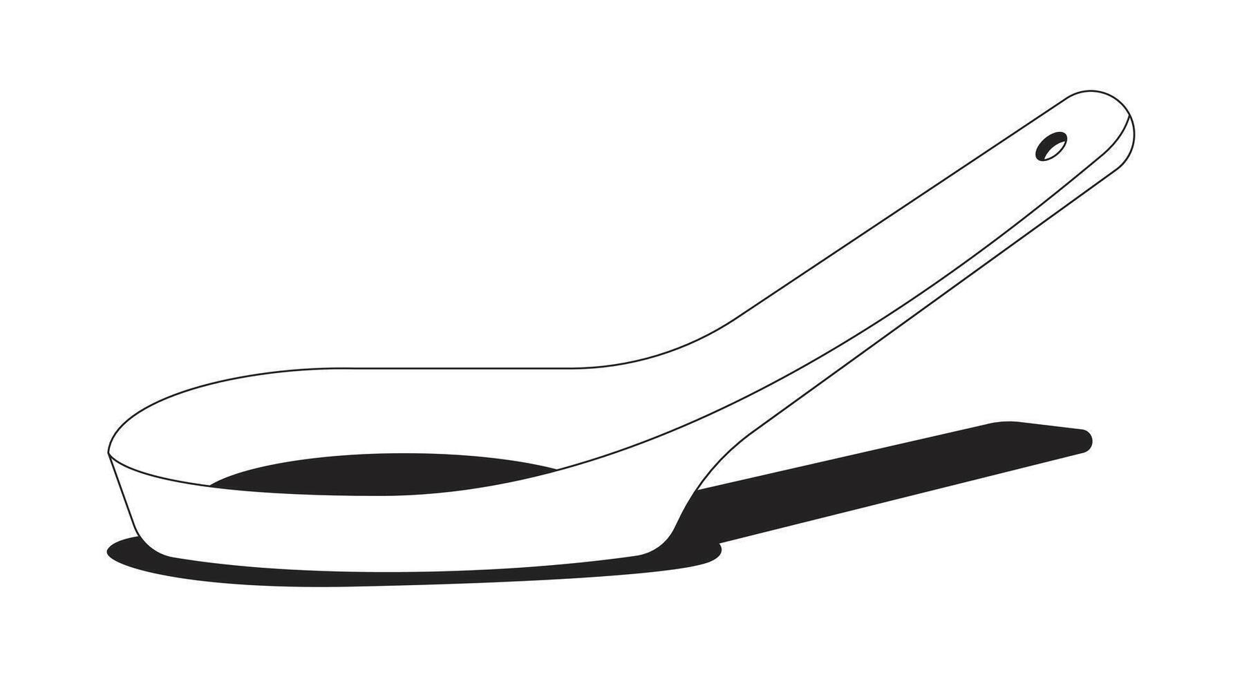 Empty white ceramic soup spoon 2D line object. Asian utensil kitchen tool. Cooking equipment. Oriental tablespoon kitchenware isolated clipart ink outline item. Monochrome spot illustration vector