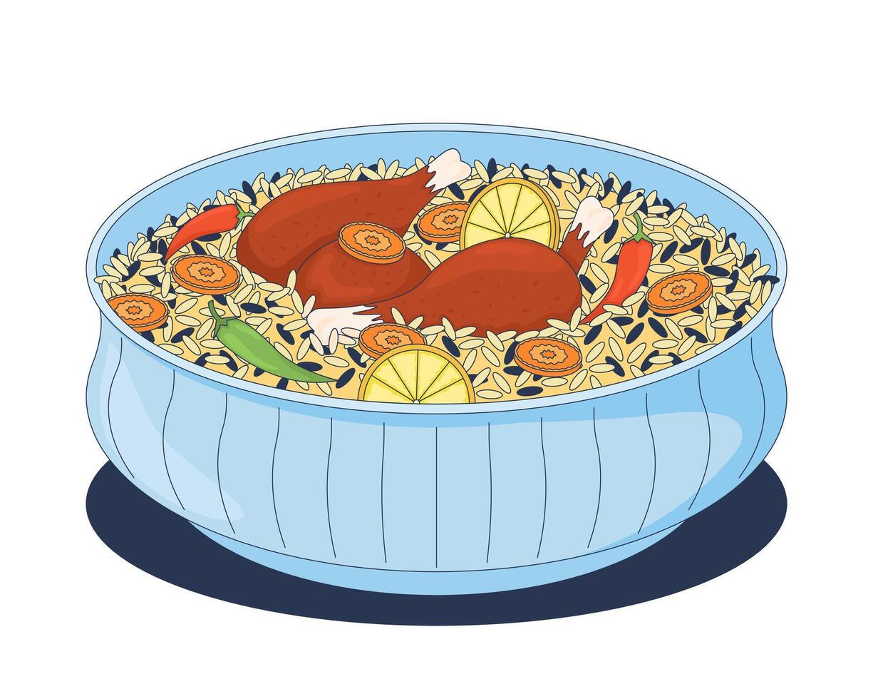 Chicken pulao biryani with lemon, carrot and peppers 2D cartoon object. Basmati rice with chilies and chicken legs. Indian cuisine isolated element flat clip art on white. Spot illustration vector