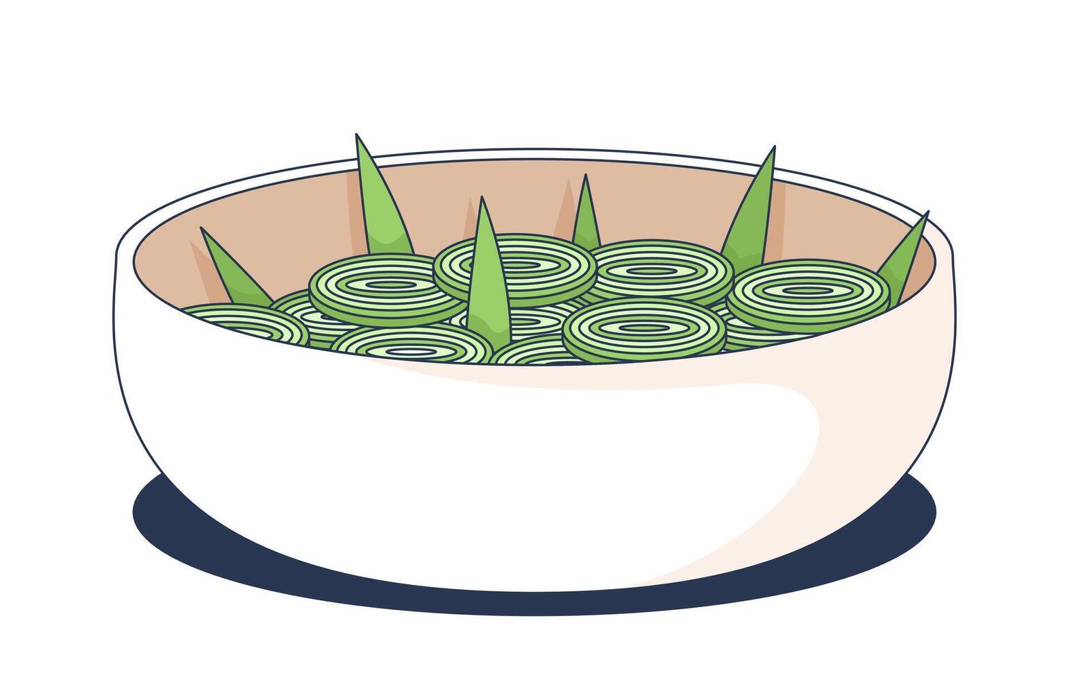 Sliced green onions in bowl 2D cartoon object. Chopped leeks. Scallions slices. Vegetable rings. Salad topping. Fresh garnish isolated element flat clip art on white. Spot illustration vector