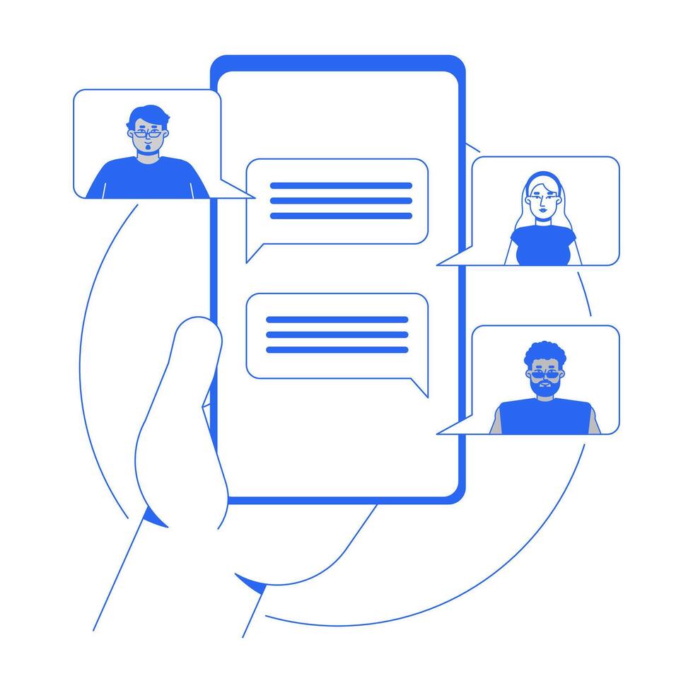 Group chat line onboarding ui illustration. Hand holding smartphone with messaging app. Online collaboration. Mobile phone chatting outline blue 2D concept isolated. Monochrome metaphor art vector