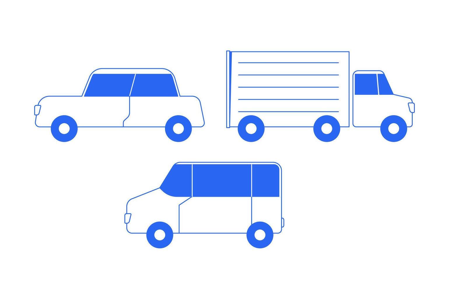 Three vehicles side view 2D line objects set. Car, truck, van. Retro sedan, logistics lorry, minivan. Transport isolated cliparts blue outline items. Monochrome spot illustrations collection vector