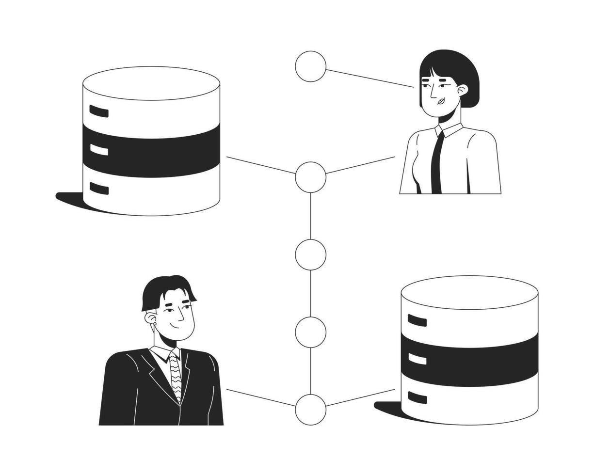 Users securely connected to database servers line illustration concept. Data transfer security. Business IT technology exchange outline 2D characters isolated. Ink linear metaphor art vector