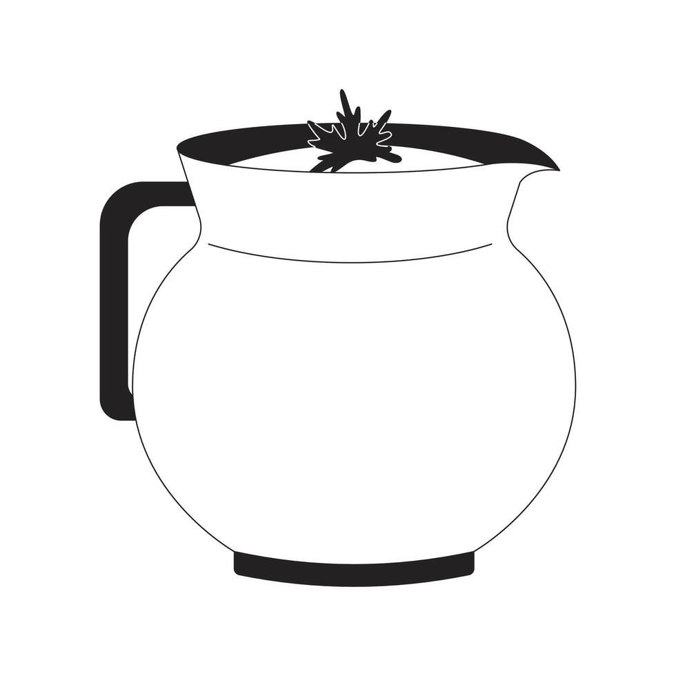 Buttermilk pitcher with cilantro garnish 2D line object. Yogurt drink in clay jug. Indian lassi topped with herb. Beverage vessel isolated clipart ink outline item. Monochrome spot illustration vector
