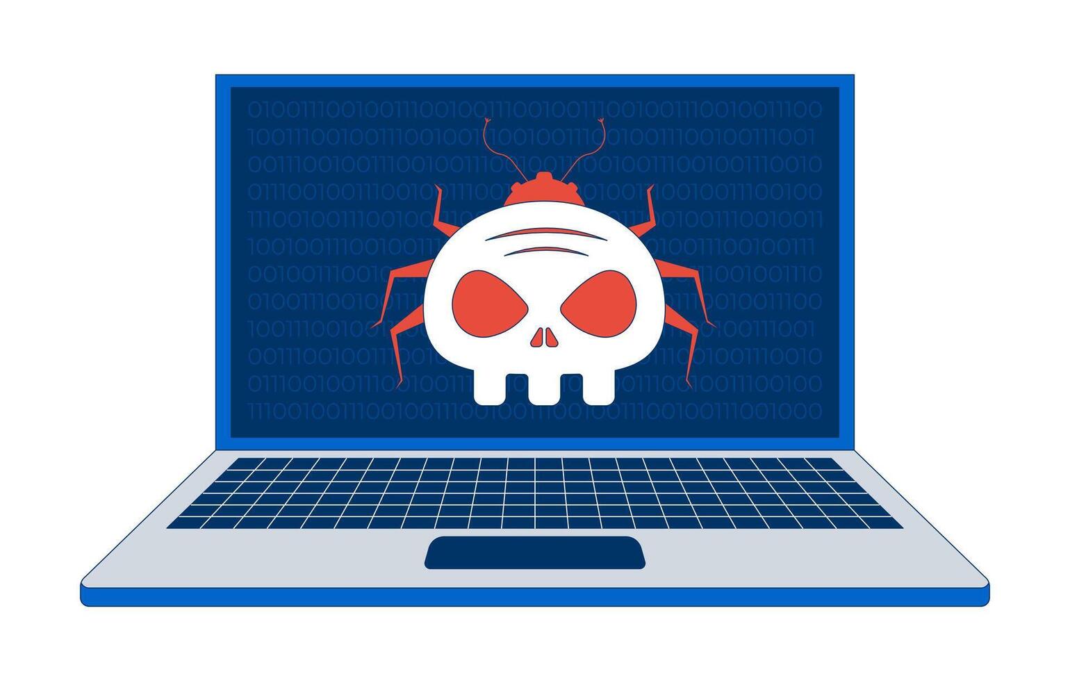 Virus computer bug on laptop 2D illustration concept. Cybersecurity threat. System hacking. Digital danger. Malware cyber infection cartoon composition isolated on white. Flat abstract metaphor vector