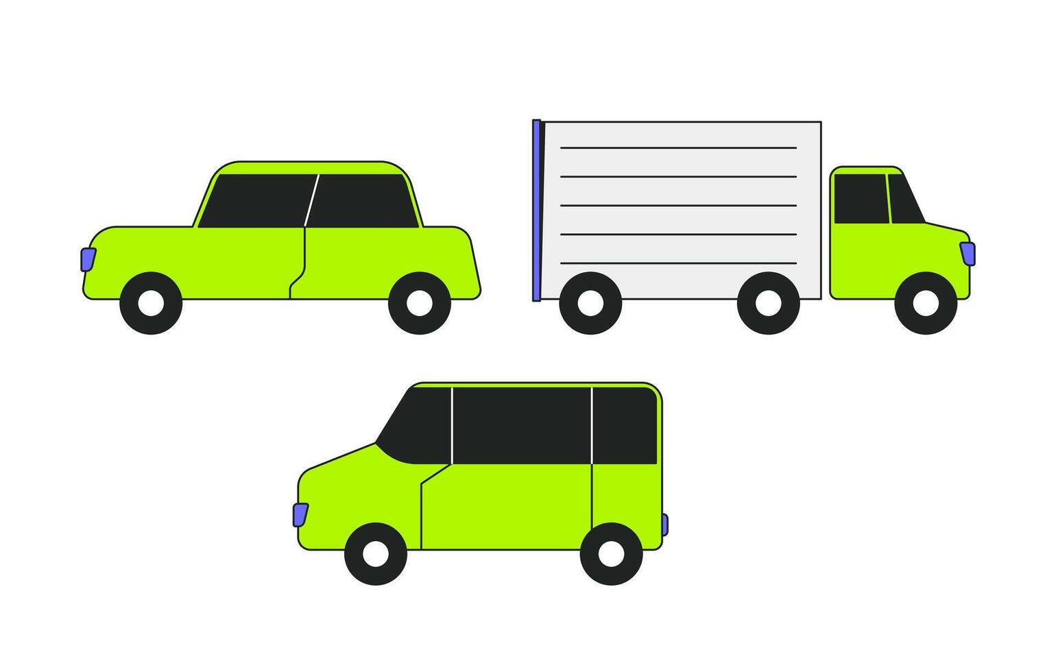 Three vehicles side view 2D cartoon objects set. Car, truck, van. Retro sedan, logistics lorry, minivan. Transport isolated elements flat clip arts on white. Spot illustrations collection vector