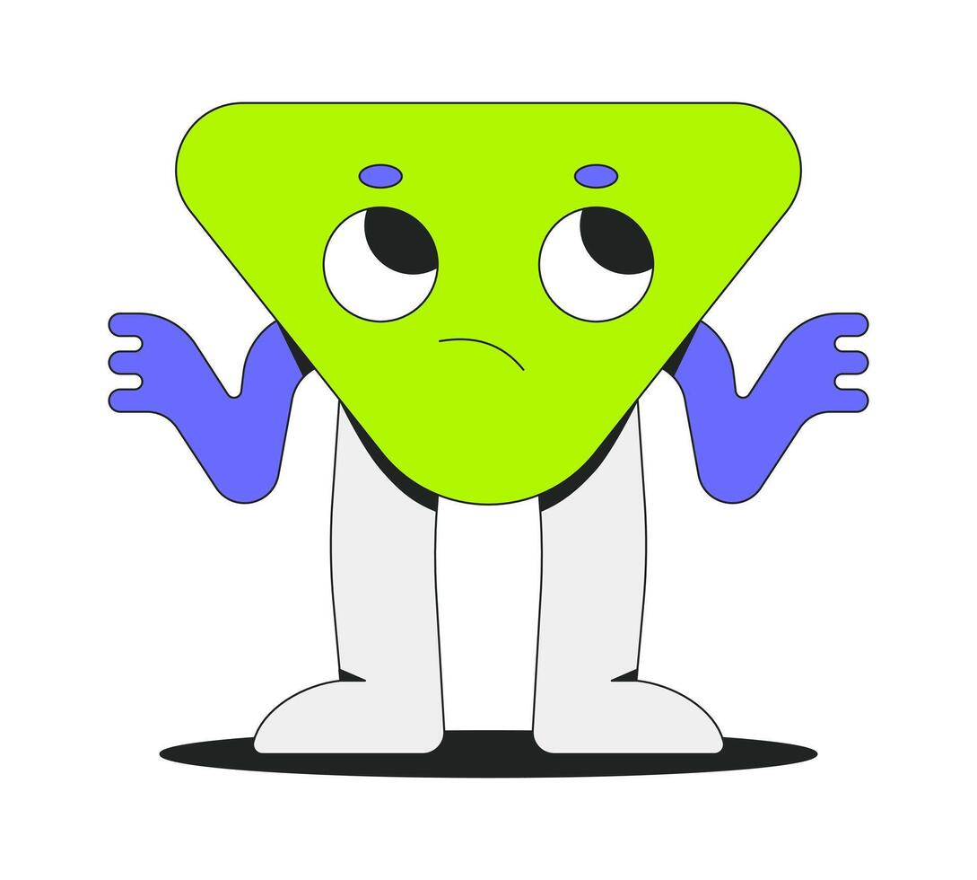 Confused groovy triangle character shrugging 2D onboarding ui illustration. Retro 70s triangular personage unsure. Uncertainty cartoon concept isolated on white. Flat abstract metaphor vector