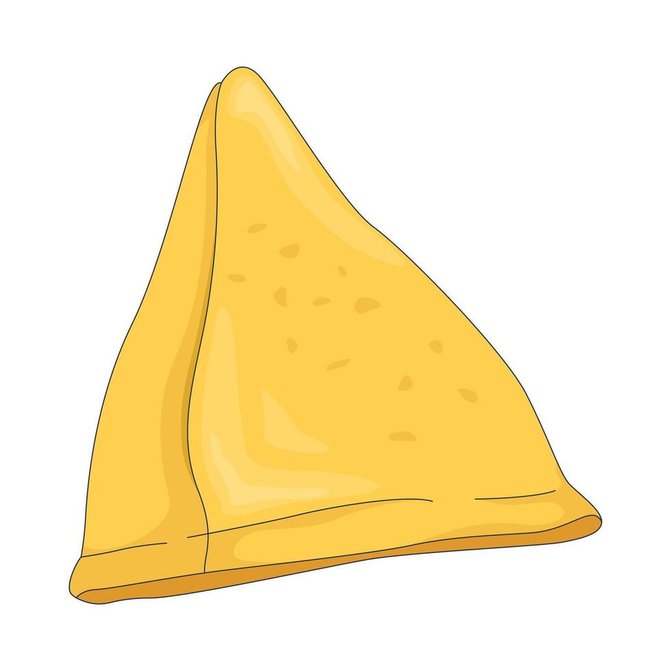 Golden triangular fried samosa 2D cartoon object. Indian ethnic snack. Savory pastry. Street food. Traditional appetizer isolated element flat clip art on white. Spot illustration vector