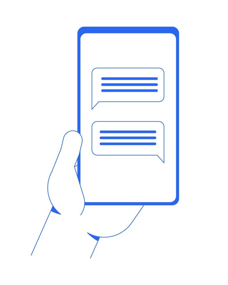 Hand holding smartphone with chat messages outline illustration. Cellphone communication, messaging screen, mobile technology isolated 2D image blue lineart. Linear drawing clip art vector