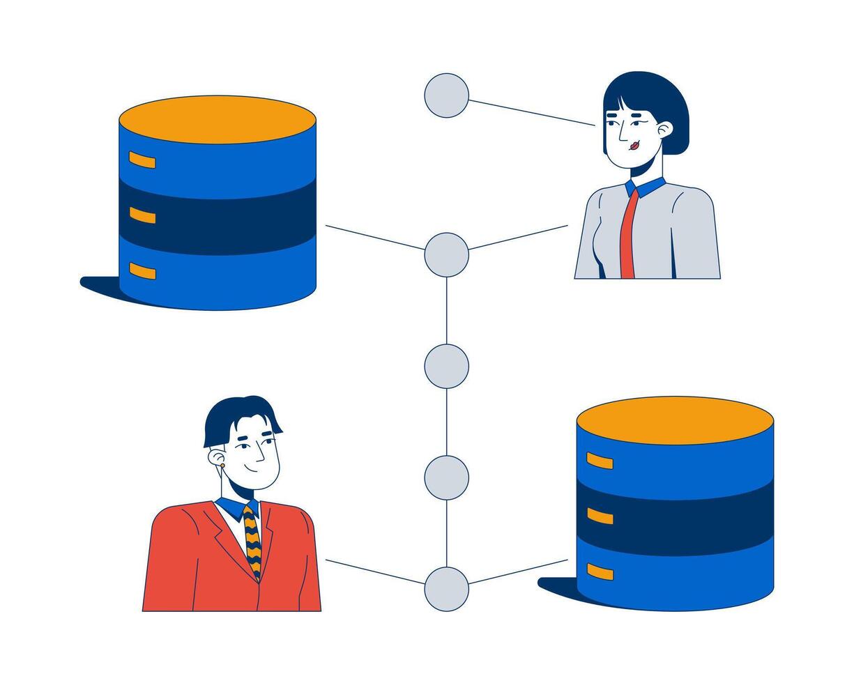 Users securely connected to database servers 2D illustration concept. Data transfer security. Business IT technology exchange cartoon characters isolated on white. Flat abstract metaphor vector