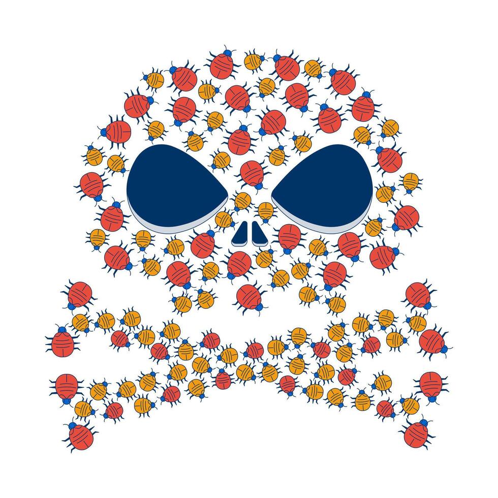 Danger skull crossbones made of digital bugs 2D illustration concept. Pests infestation hacker. Malware computer viruses cartoon composition isolated on white. Flat abstract metaphor vector