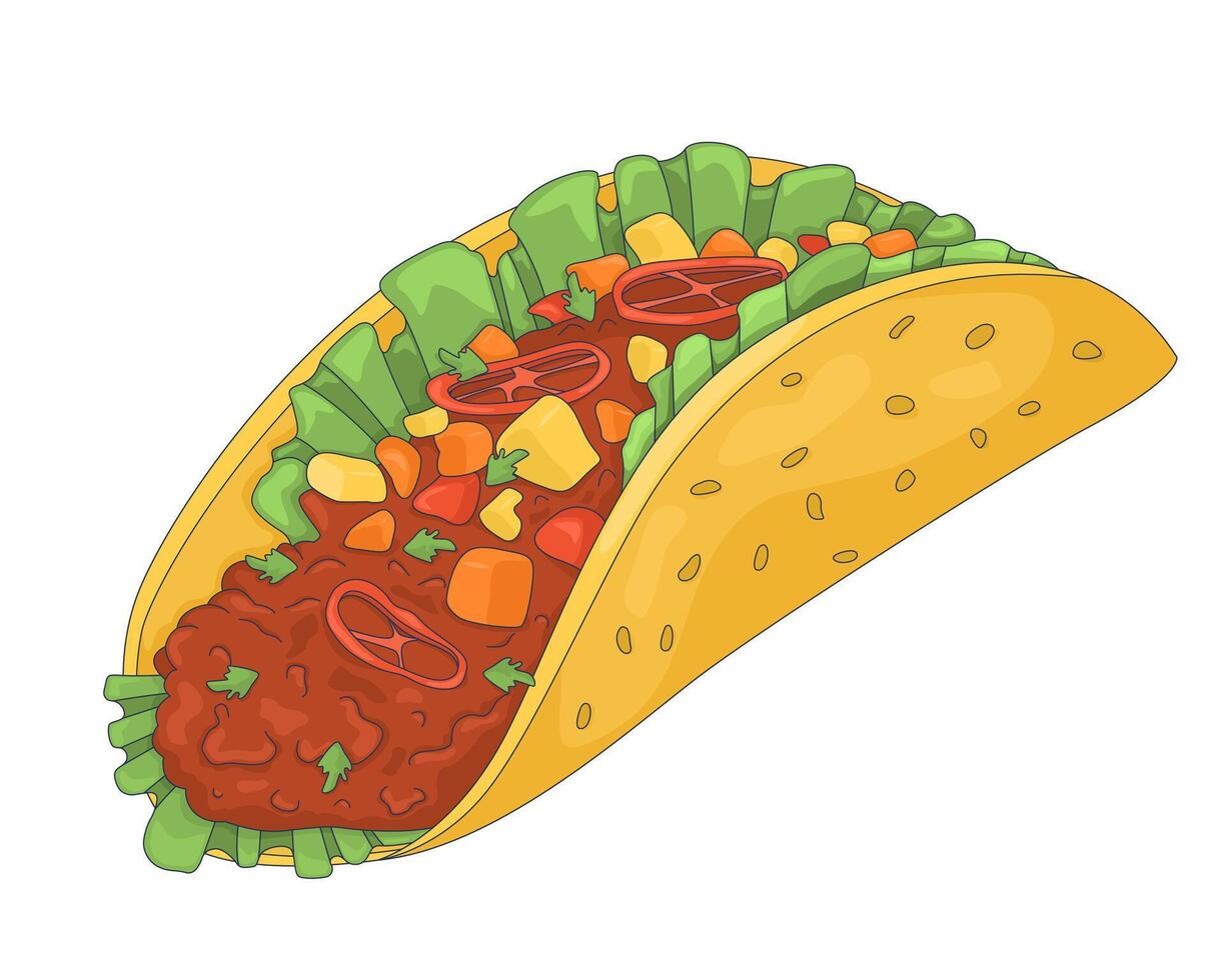 Spicy taco with ground meat and fresh vegetables 2D cartoon object. Mexican food. Fiesta meal. Corn tortilla with seasoned beef isolated element flat clip art on white. Spot illustration vector