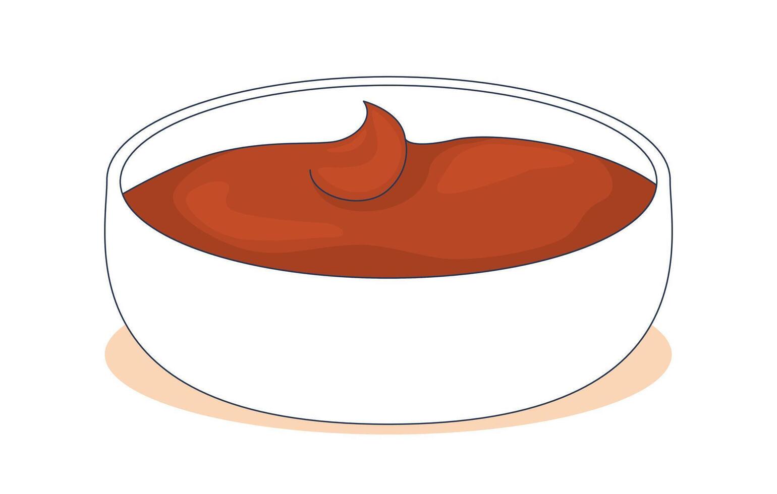 Red dipping sauce in white bowl 2D cartoon object. Tomato dip. Ketchup catsup. Savory condiment. Spicy flavor. Food container isolated element flat clip art on white. Spot illustration vector