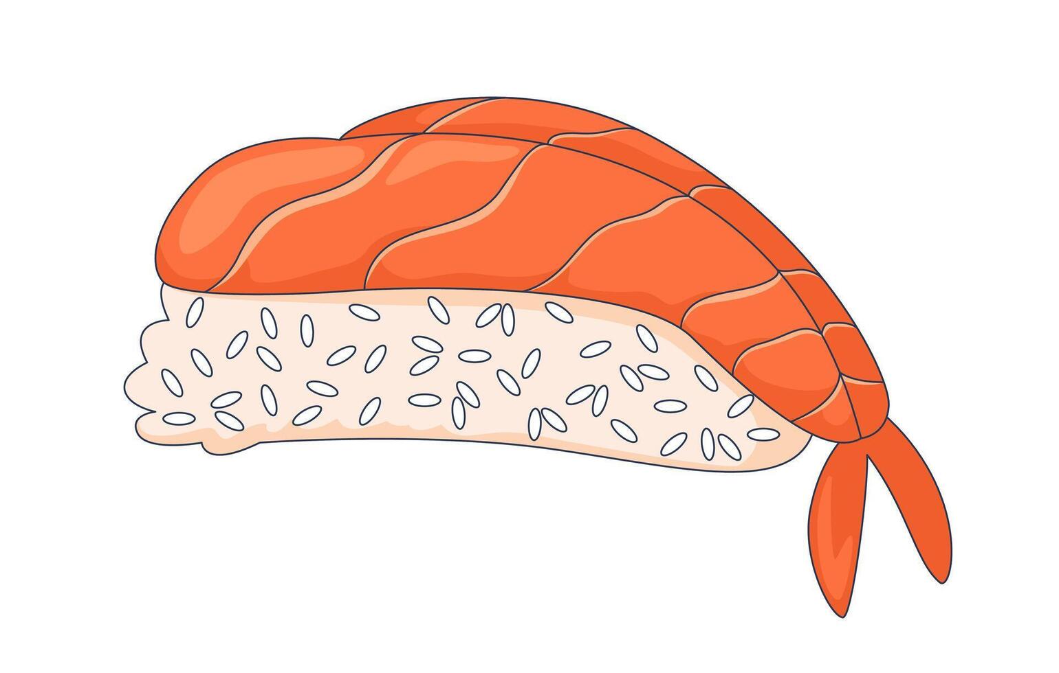 Shrimp nigiri sushi 2D cartoon object. Japanese food. Vinegared rice with raw seafood. Asian cuisine gourmet. Authentic appetizer isolated element flat clip art on white. Spot illustration vector